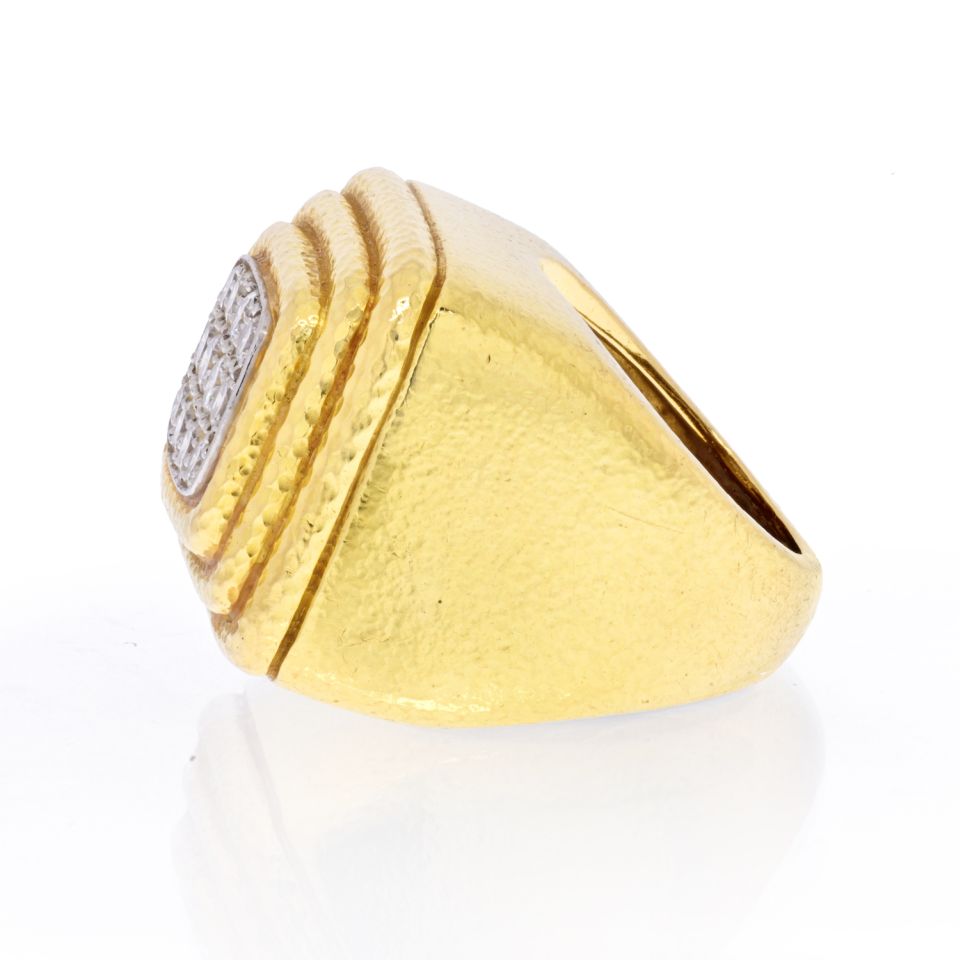 David Webb Platinum & 18K Yellow Gold Pave Diamond Hammered Tiered Ring