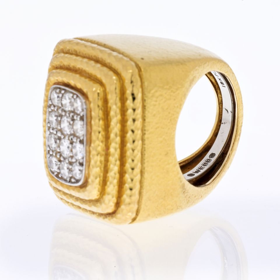 David Webb Platinum & 18K Yellow Gold Pave Diamond Hammered Tiered Ring