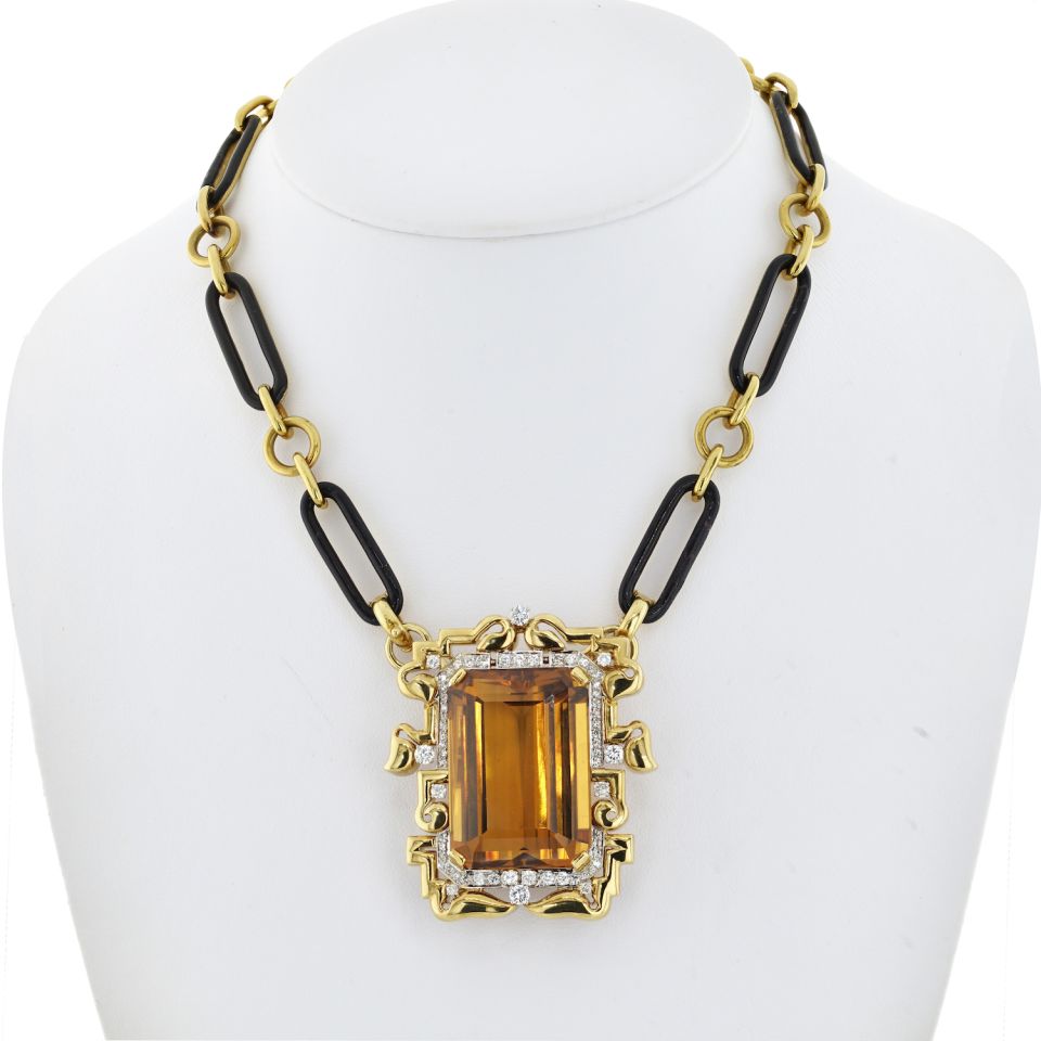 David Webb Large Topaz And Diamond Pendant On A Black Enamel Link Necklace