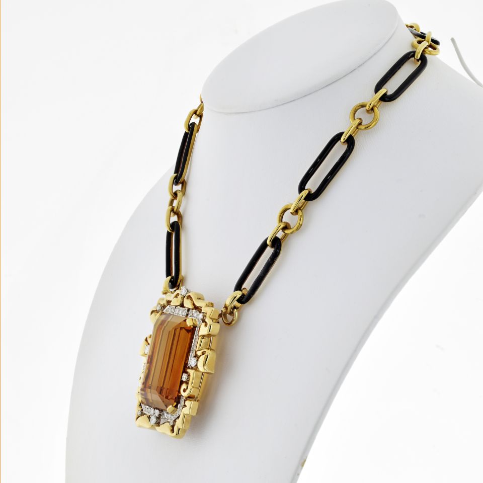 David Webb Large Topaz And Diamond Pendant On A Black Enamel Link Necklace