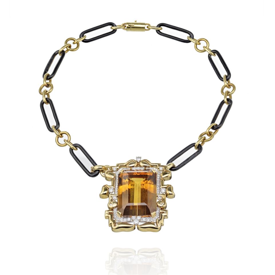 David Webb Large Topaz And Diamond Pendant On A Black Enamel Link Necklace