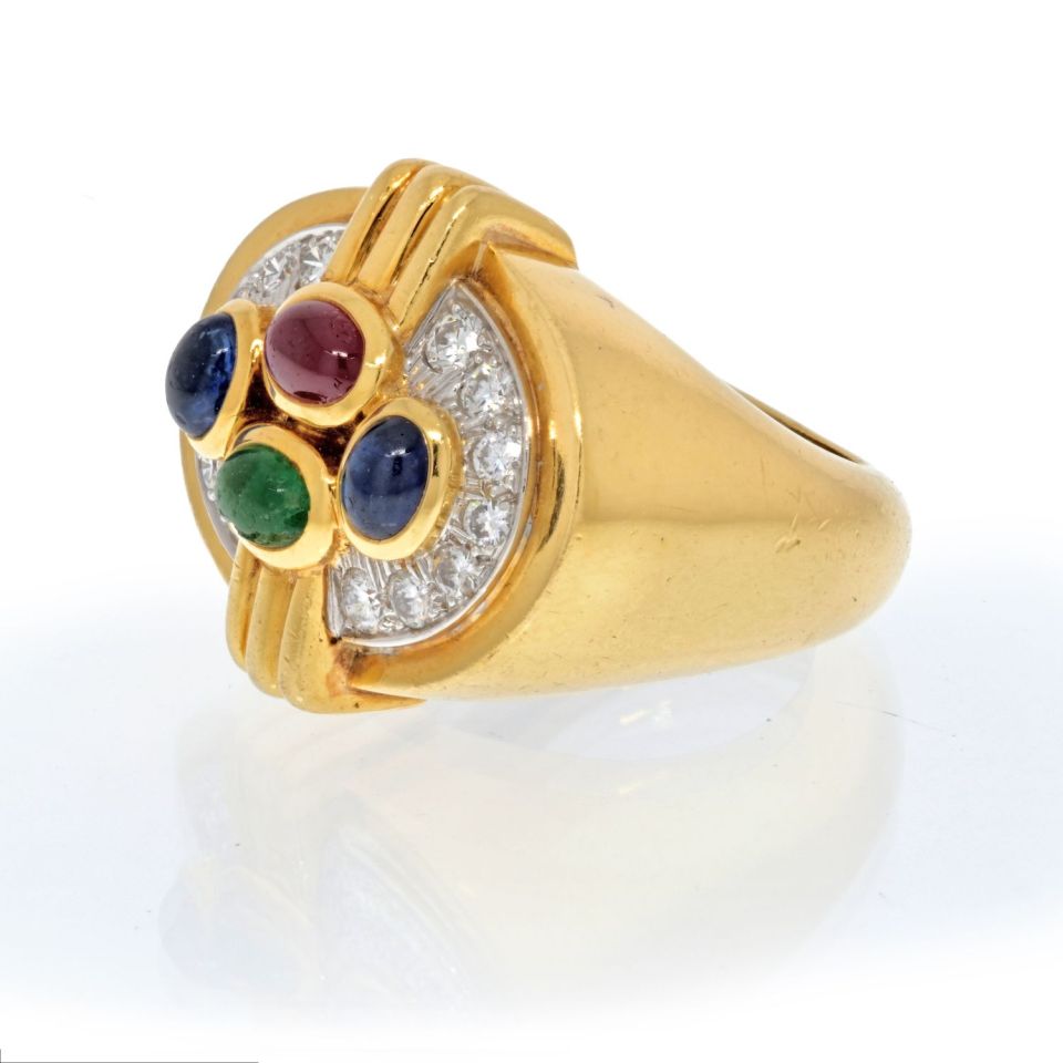 David Webb Platinum & 18K Yellow Gold Multi Color Gemstone And Diamond Ring