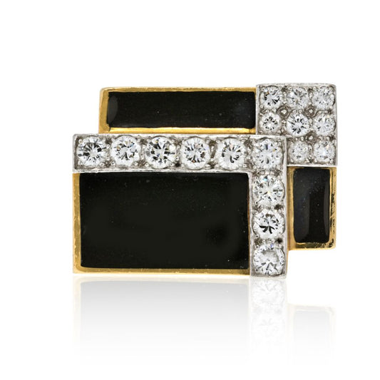 David Webb Platinum & 18K Yellow Gold Black Enamel And Diamond Articulated Ring