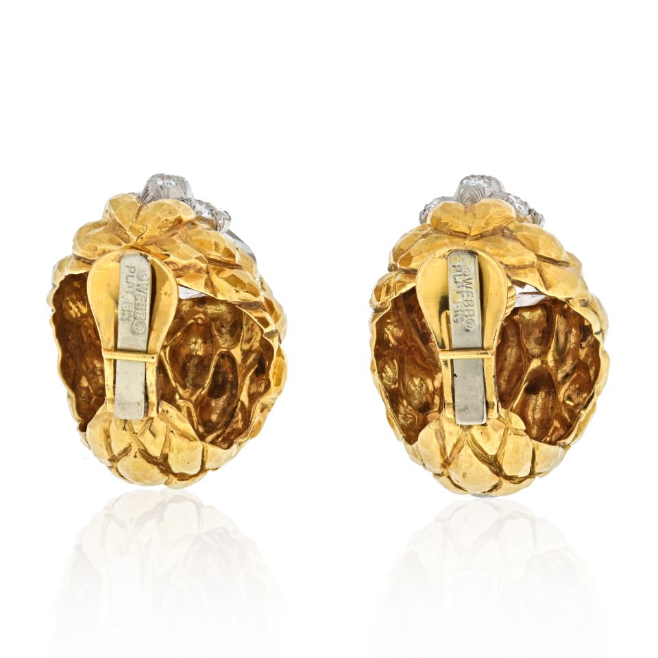 David Webb Platinum & 18K Yellow Gold Rock Crystal Carved Clip On Earrings