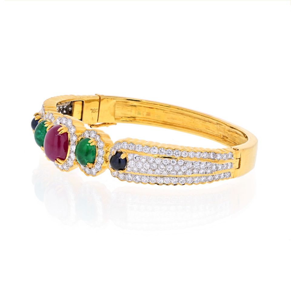 18K Yellow Gold Diamond, Ruby, Emerald and Sapphire Bangle Bracelet