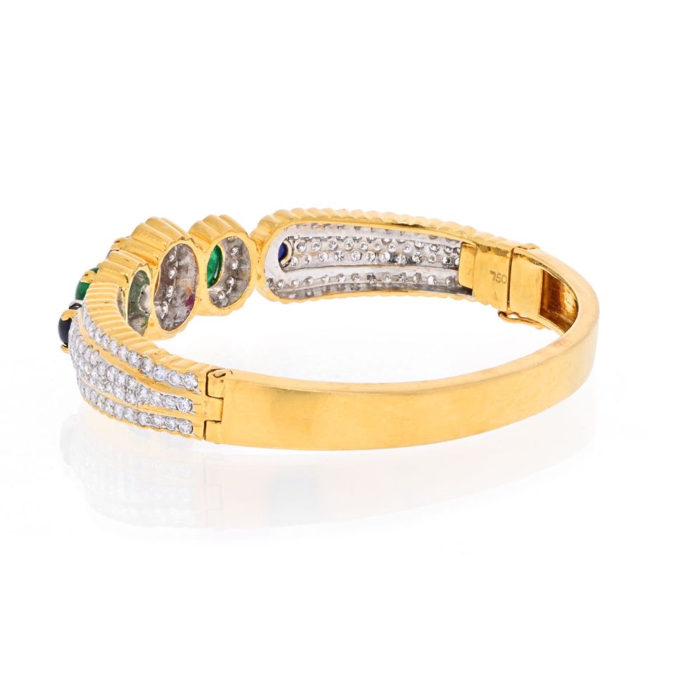 18K Yellow Gold Diamond, Ruby, Emerald and Sapphire Bangle Bracelet