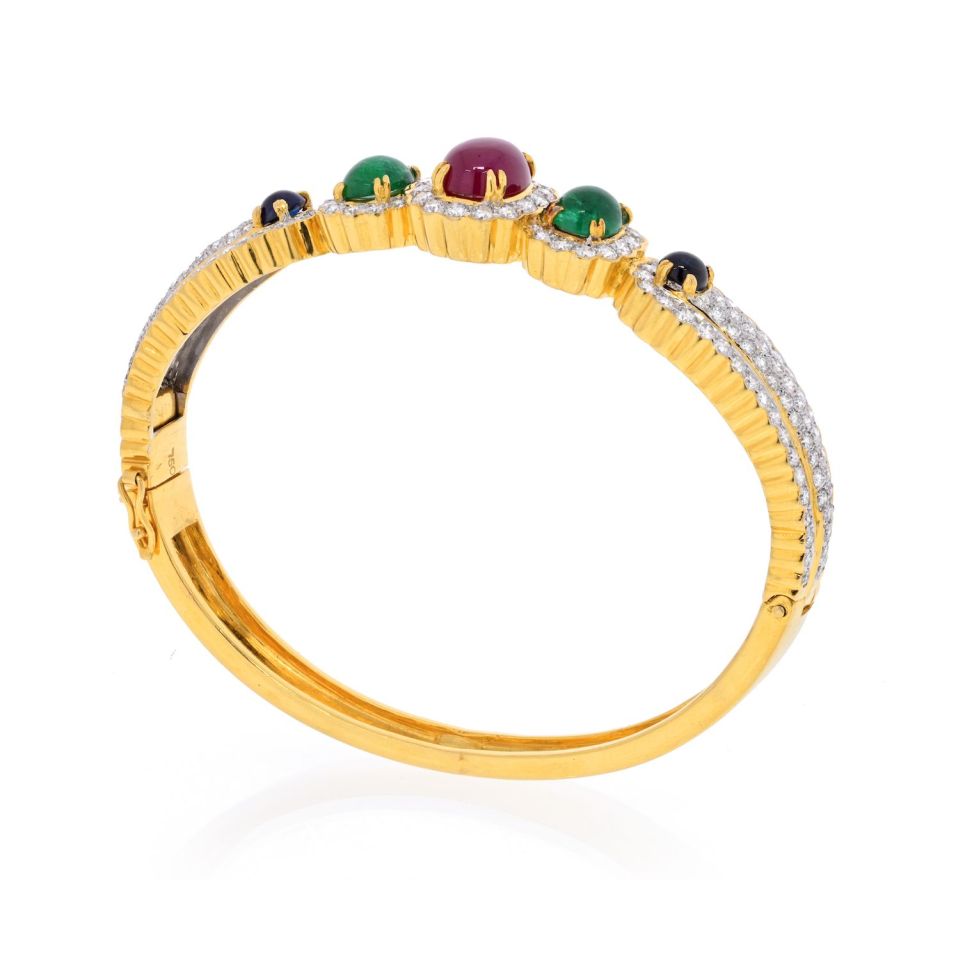 18K Yellow Gold Diamond, Ruby, Emerald and Sapphire Bangle Bracelet