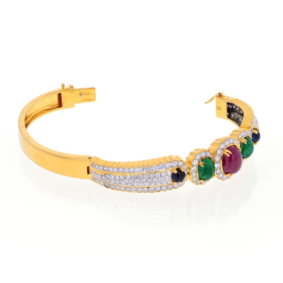 18K Yellow Gold Diamond, Ruby, Emerald and Sapphire Bangle Bracelet