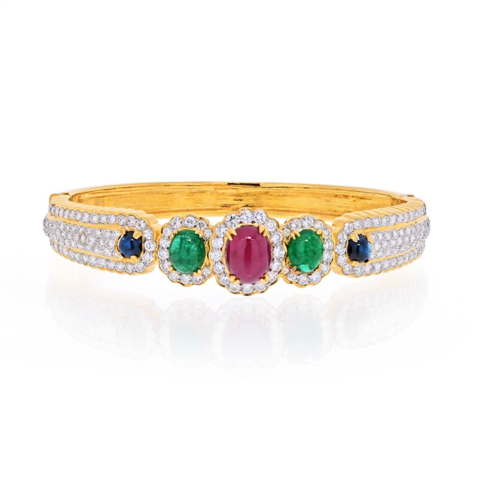 18K Yellow Gold Diamond, Ruby, Emerald and Sapphire Bangle Bracelet