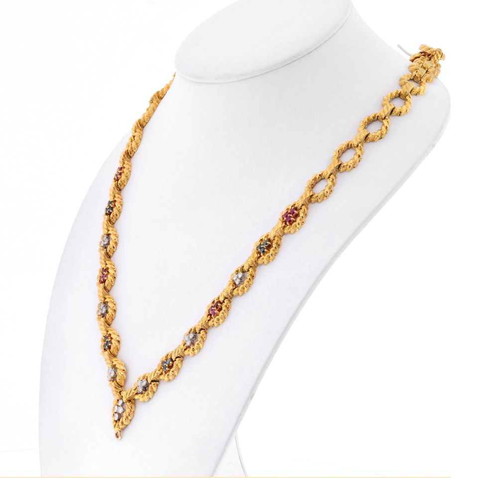 David Webb 18K Yellow Gold Open Link, Twisted Design, Sapphire, Ruby, Diamond Chain Necklace