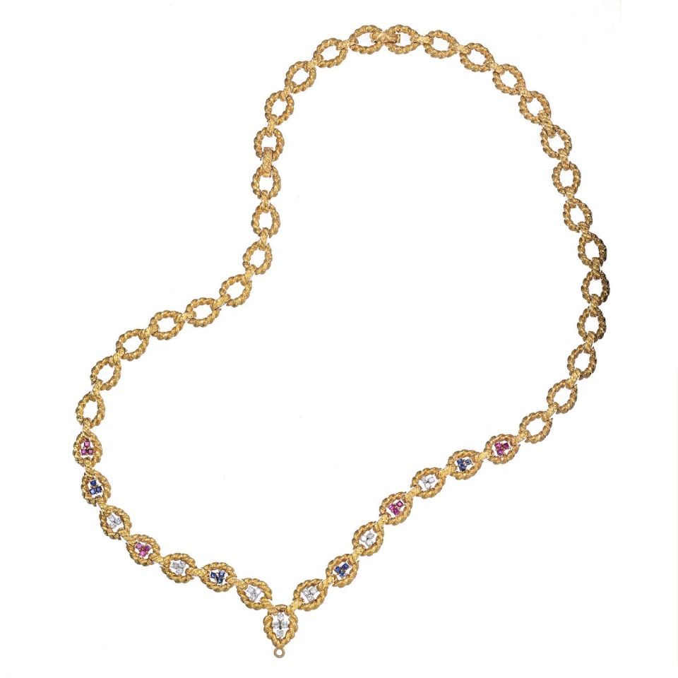 David Webb 18K Yellow Gold Open Link, Twisted Design, Sapphire, Ruby, Diamond Chain Necklace