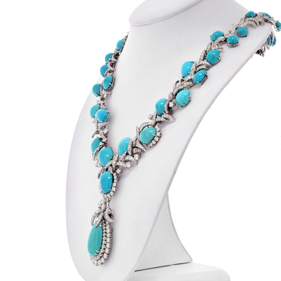 David Webb Platinum Turquoise And Diamond Necklace