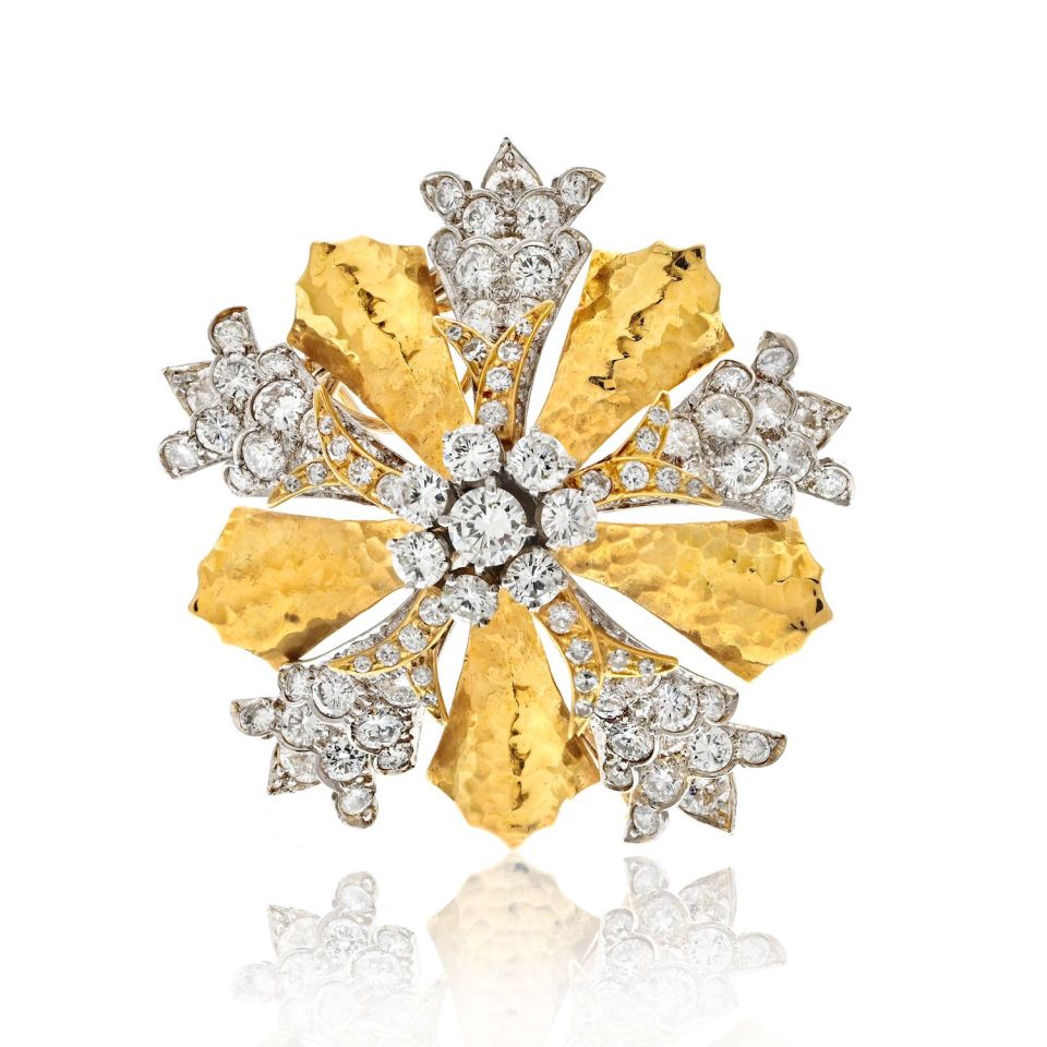 David Webb Platinum & 18K Yellow Gold Snowflake Syle Diamond Heraldic Brooch