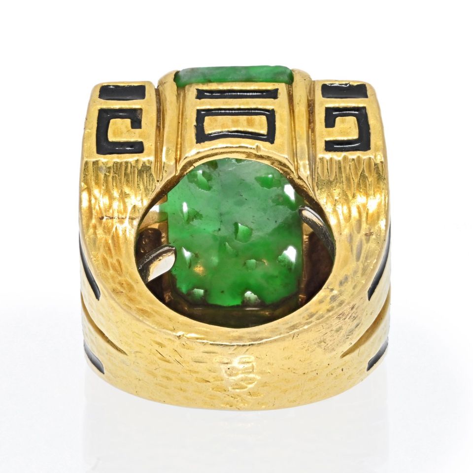 David Webb 18K Yellow Gold Black Enamel, Carved Jade And Diamond Ring