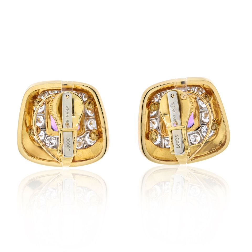 David Webb Platinum & 18K Yellow Gold Cushion Cut Amethyst And Diamond Clip On Earrings