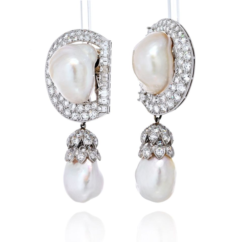 David Webb Platinum 9.92 cttw Diamond And Pearl Day To Night Earrings
