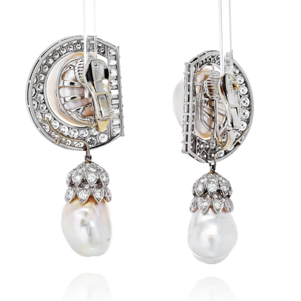 David Webb Platinum 9.92 cttw Diamond And Pearl Day To Night Earrings