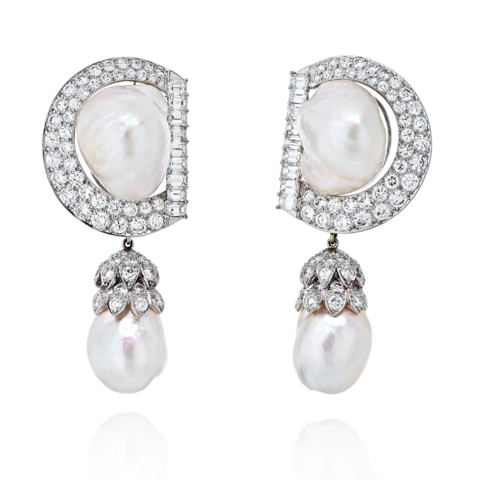 David Webb Platinum 9.92 cttw Diamond And Pearl Day To Night Earrings