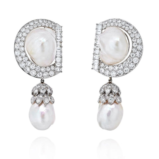 David Webb Platinum 9.92 cttw Diamond And Pearl Day To Night Earrings