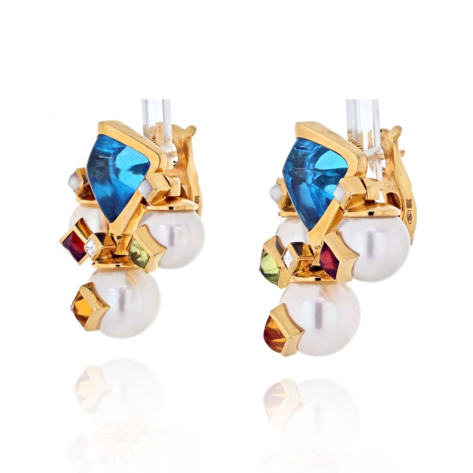 Marina B. 18K Yellow Gold Pearl, Multicolor, Topaz, Gemmy Earrings