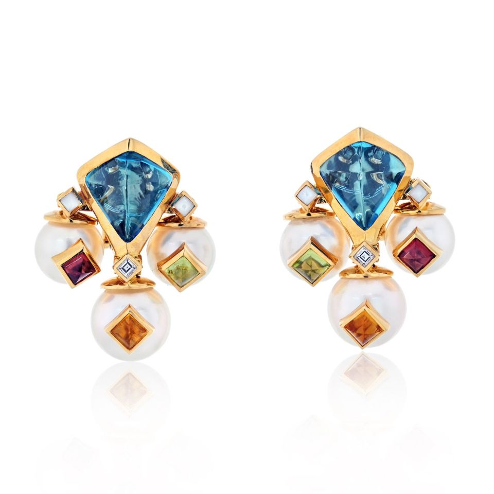 Marina B. 18K Yellow Gold Pearl, Multicolor, Topaz, Gemmy Earrings