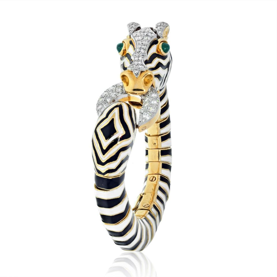 David Webb Platinum & 18K Yellow Gold Zebra Black And White Enamel Diamond Bracelet