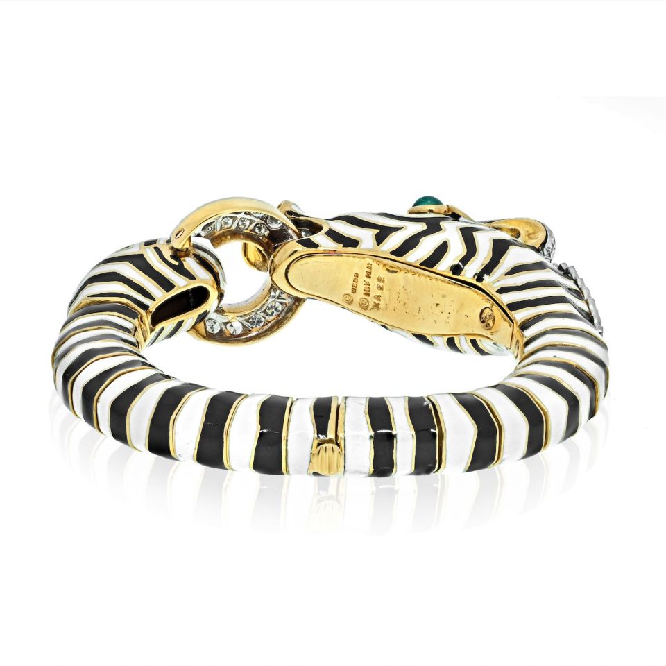 David Webb Platinum & 18K Yellow Gold Zebra Black And White Enamel Diamond Bracelet