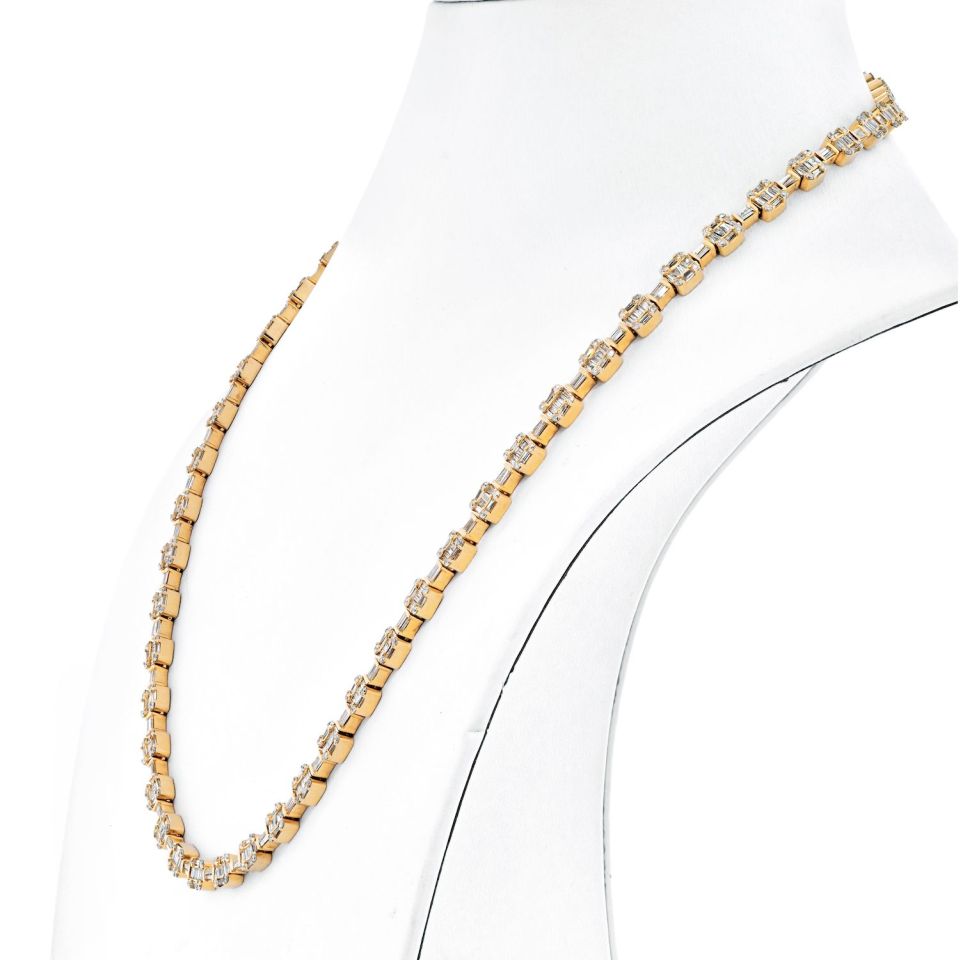 14K Yellow Gold 14.50cttw Round And Baguette Cut Diamond Link Chain Necklace