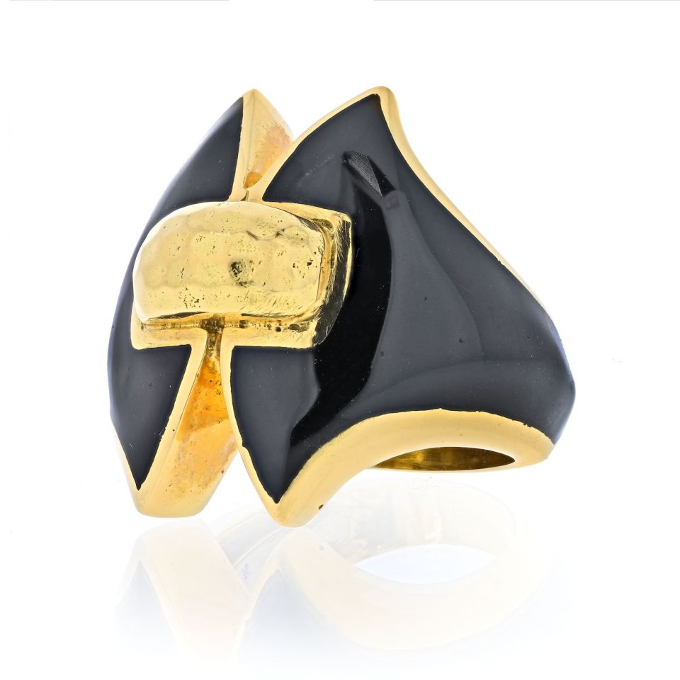 David Webb Platinum & 18K Yellow Gold Black Enamel Vintage Ring