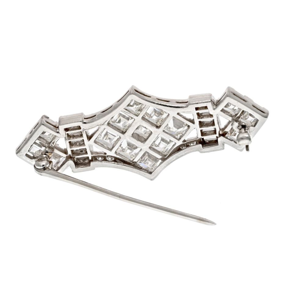 Platinum 4.50 Carats Carre Baguette And Round Cut Diamond Brooch