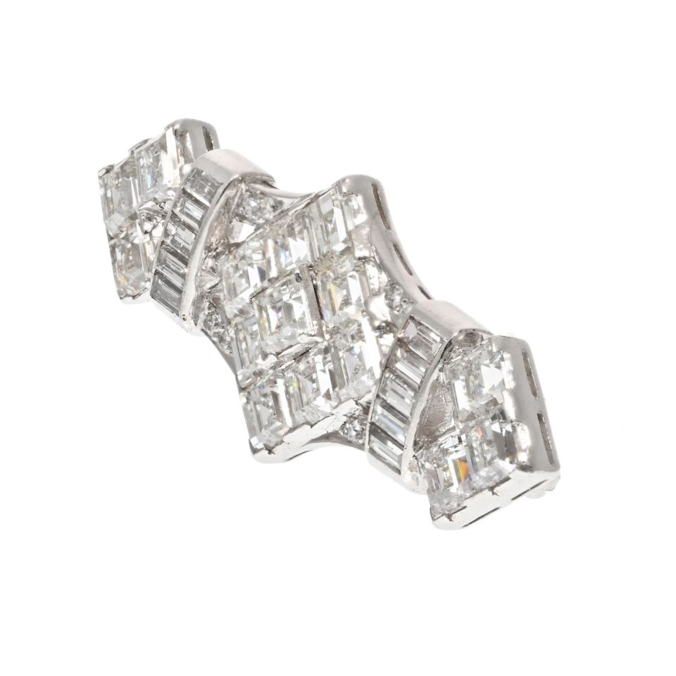 Platinum 4.50 Carats Carre Baguette And Round Cut Diamond Brooch