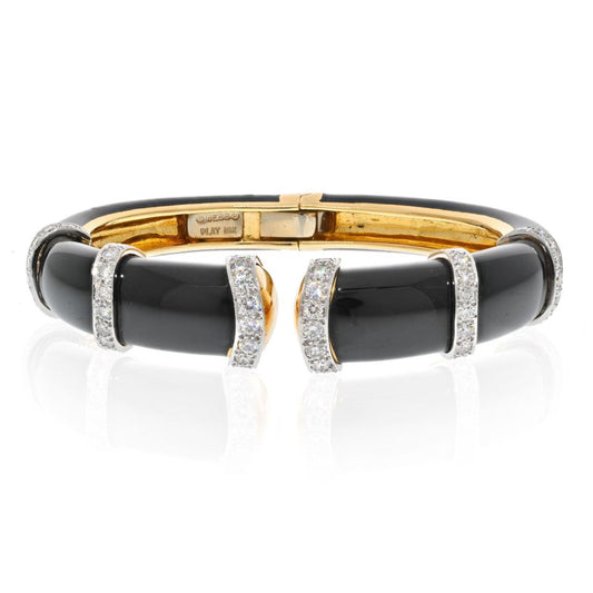 David Webb Platinum & 18K Yellow Gold Blck Enamel Diamond Cuff Bracelet