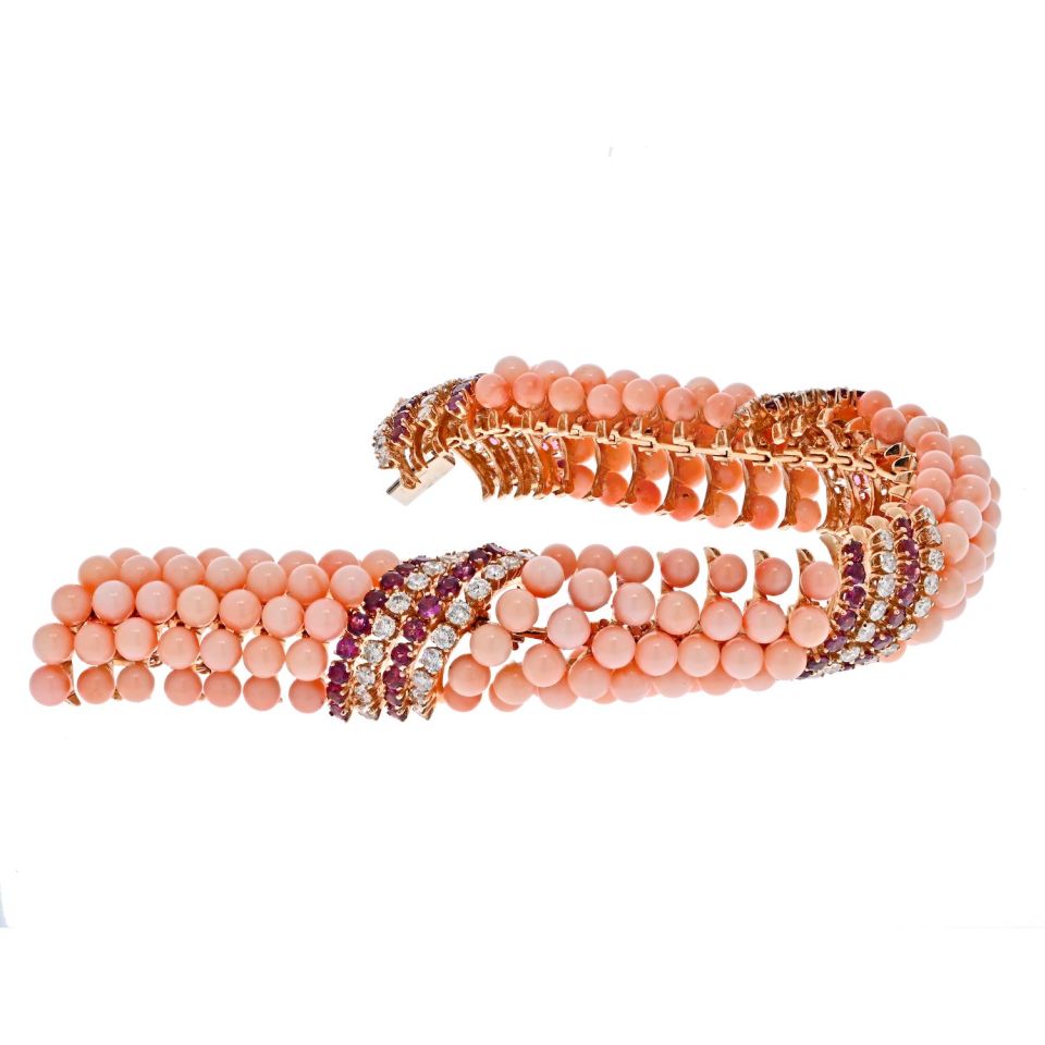 18K Yellow Gold Pink Coral Beads, Diamonds and Ruby Multi-row Bracelet