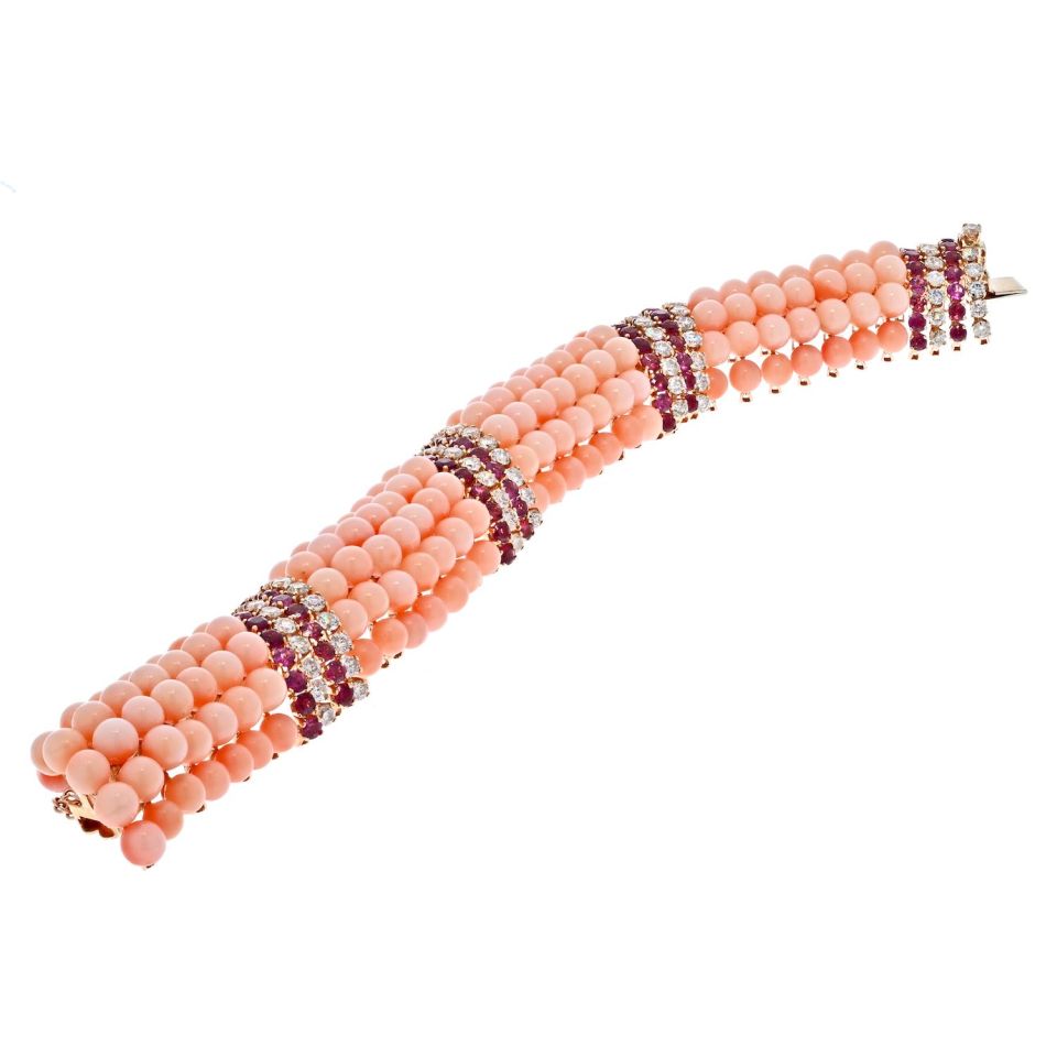 18K Yellow Gold Pink Coral Beads, Diamonds and Ruby Multi-row Bracelet