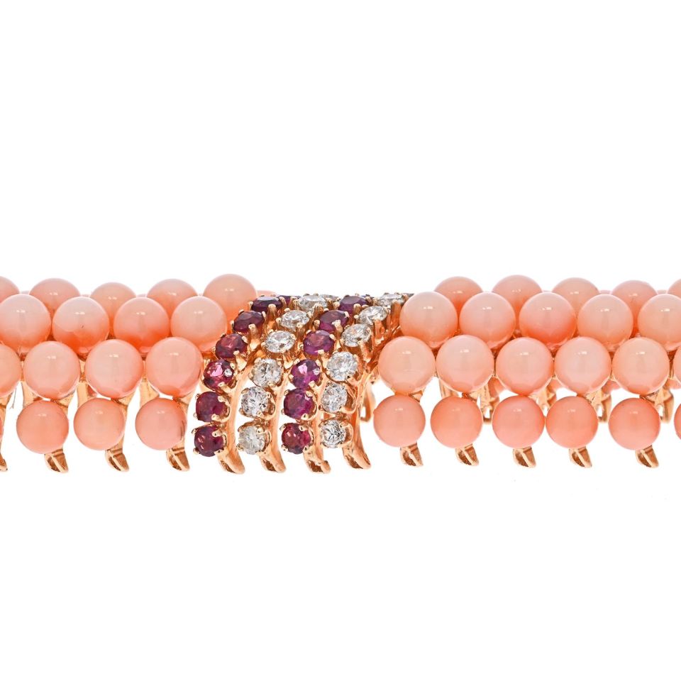 18K Yellow Gold Pink Coral Beads, Diamonds and Ruby Multi-row Bracelet