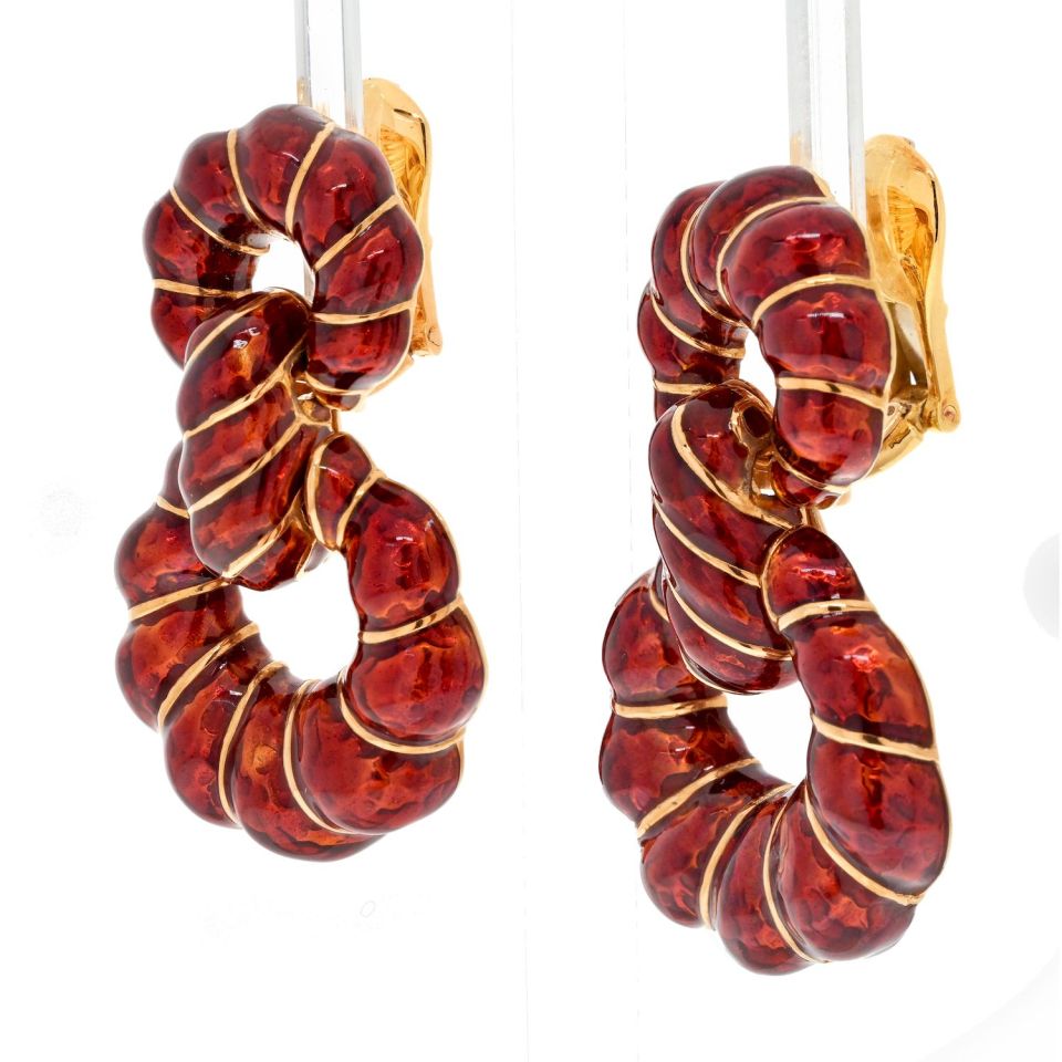 David Webb Platinum & 18K Yellow Gold Red Enamel Door Knockers Earrings