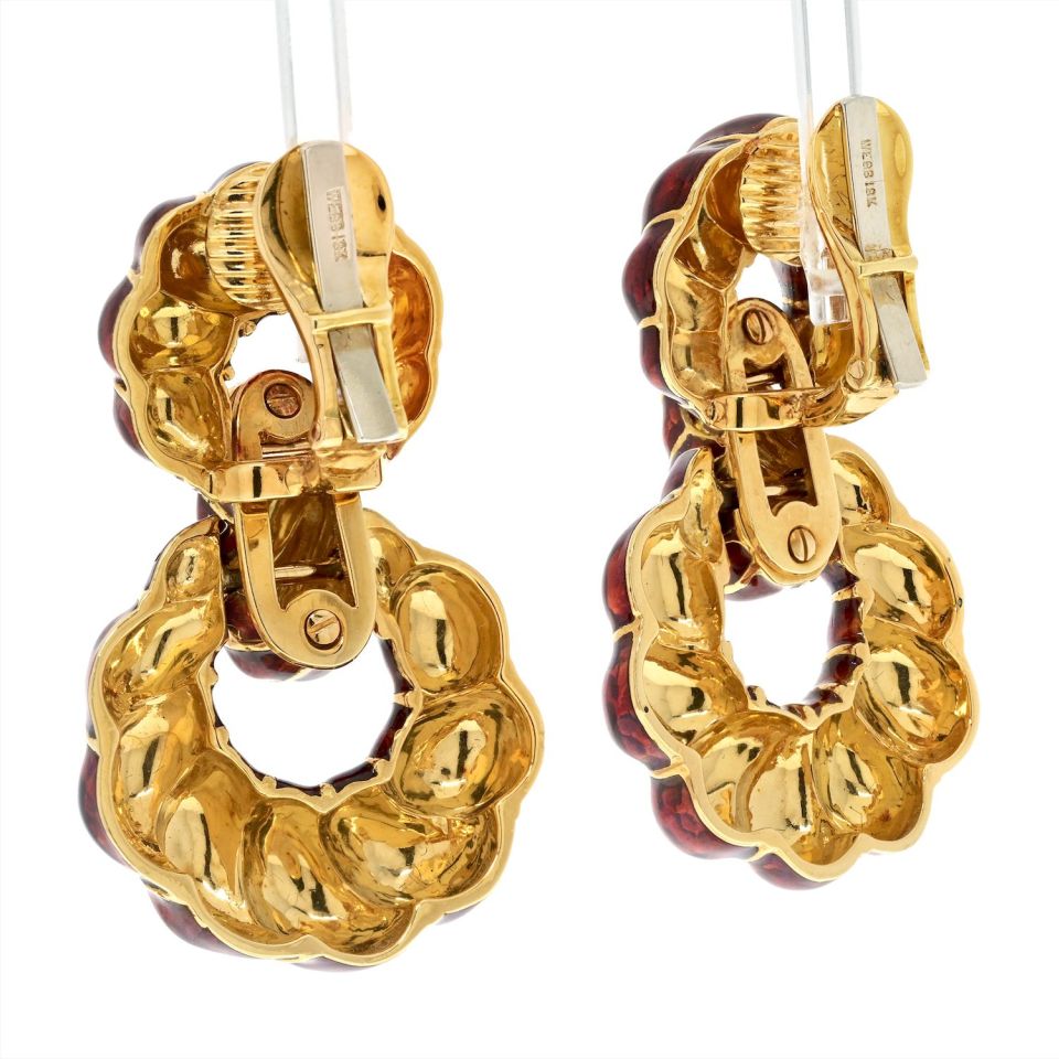 David Webb Platinum & 18K Yellow Gold Red Enamel Door Knockers Earrings