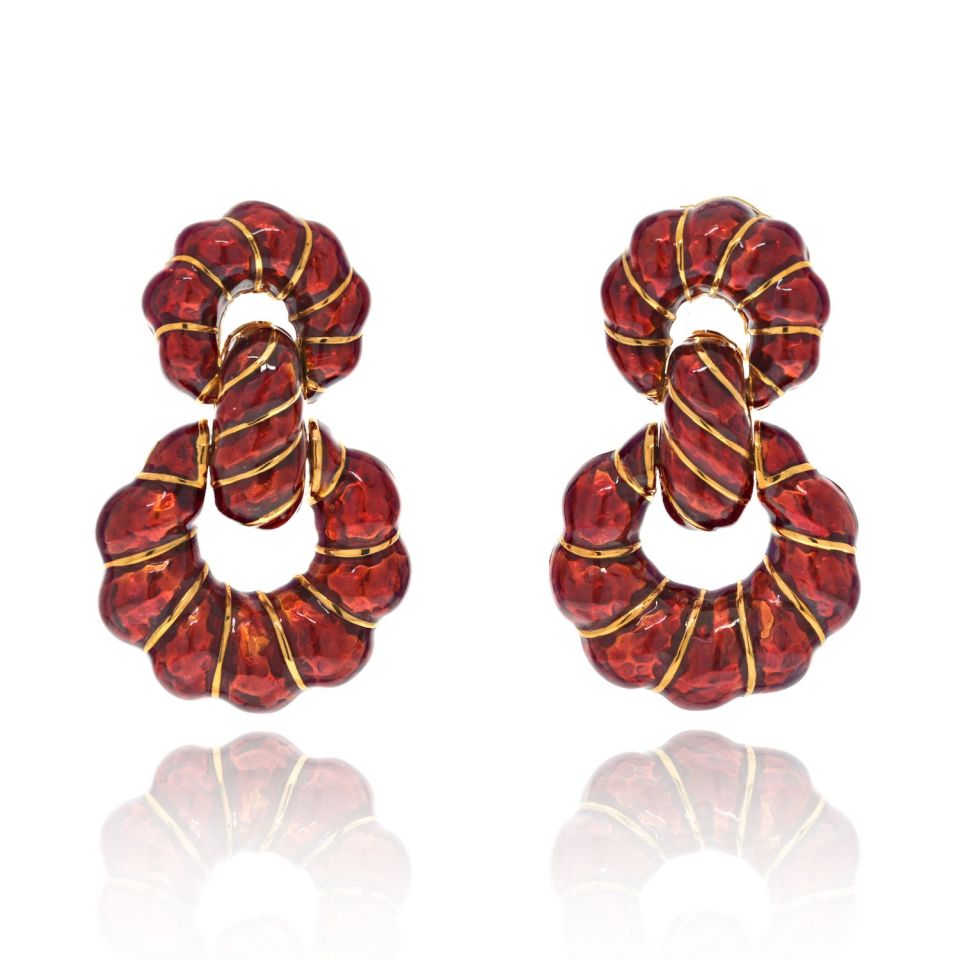 David Webb Platinum & 18K Yellow Gold Red Enamel Door Knockers Earrings