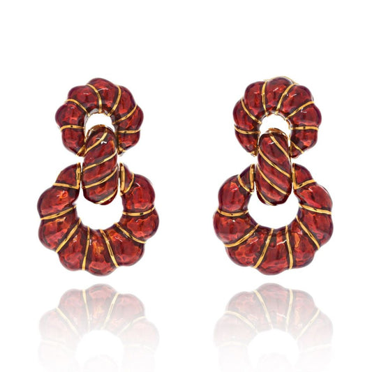 David Webb Platinum & 18K Yellow Gold Red Enamel Door Knockers Earrings