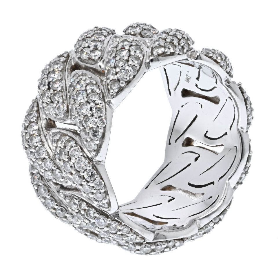 14K White Gold 6 Carat Diamond Curb Link Wide Pave Cocktail Ring