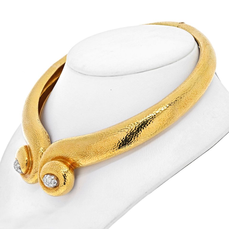 David Webb Platinum & 18K Yellow Gold Hammered Scroll Diamond Collar Necklace