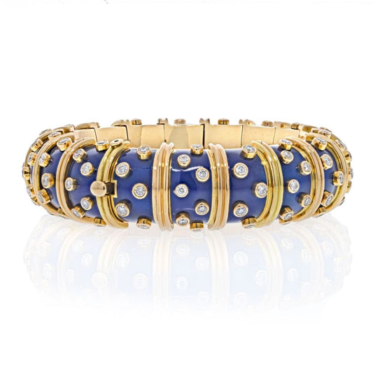 Tiffany & Co. Schlumberger Platinum & 18K Yellow Gold Blue Enamel Diamond Bracelet