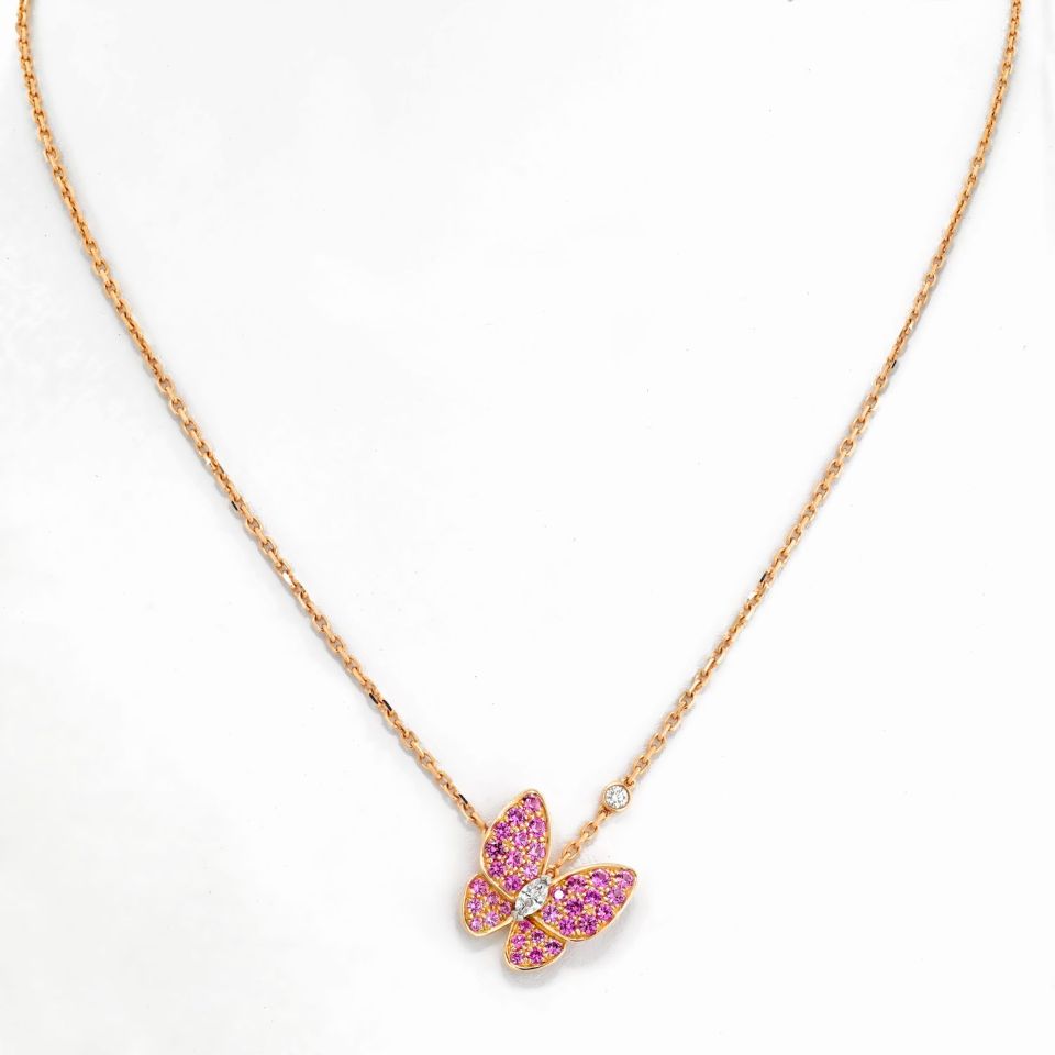 Van Cleef & Arpels 18K Rose Gold Pink Sapphires And Diamond Butterfly Pendant