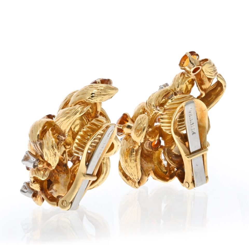 David Webb Platinum & 18K Yellow Gold Diamond And Citrine Clip On Earrings