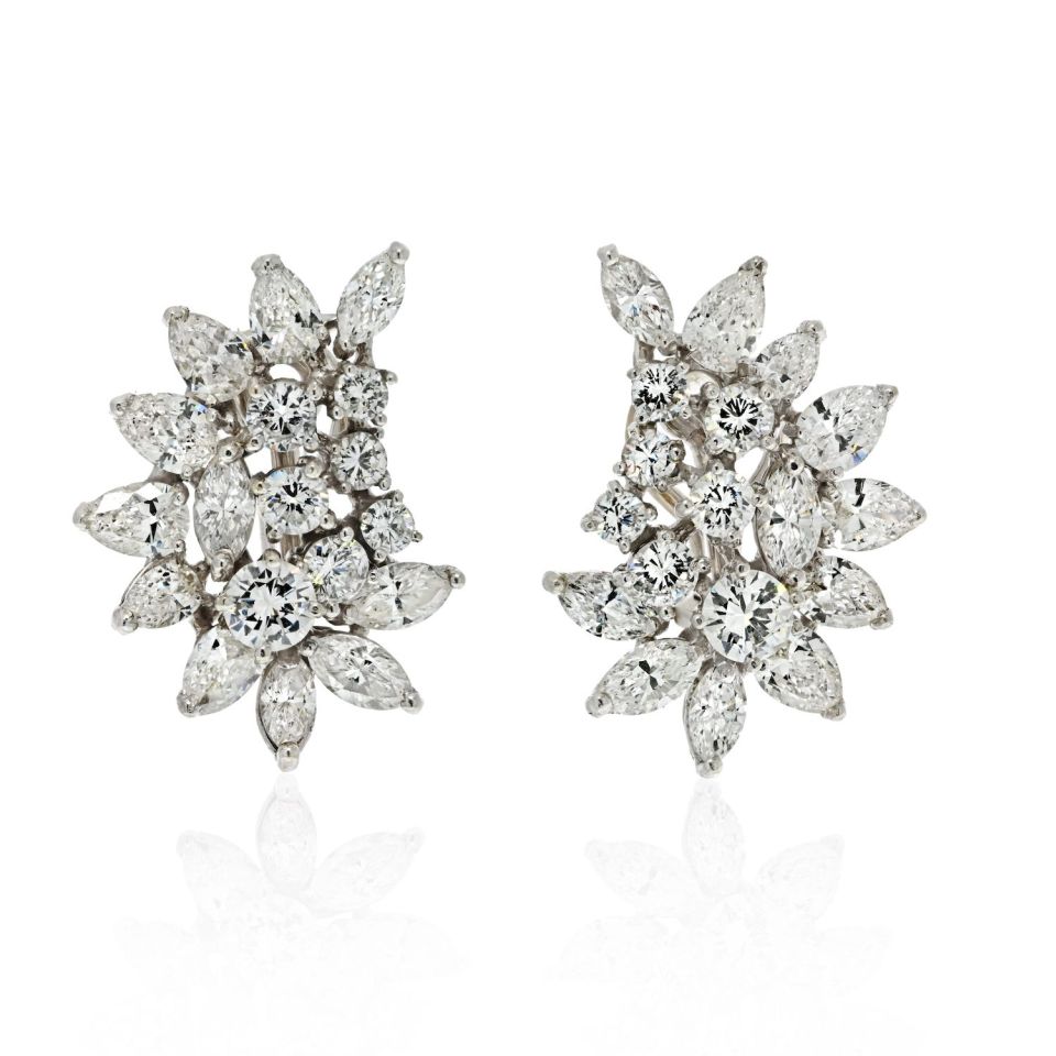 14K White Gold 7.50 Carat Diamond Cluster Marquise And Round Cut Earrings