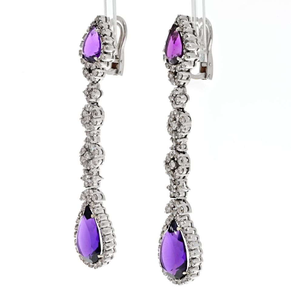 18K White Gold Amethyst And Diamond Drop Dangling Earrings