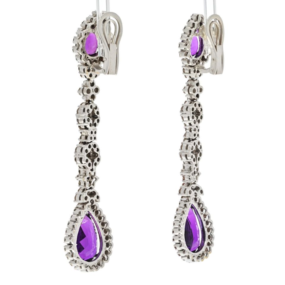 18K White Gold Amethyst And Diamond Drop Dangling Earrings