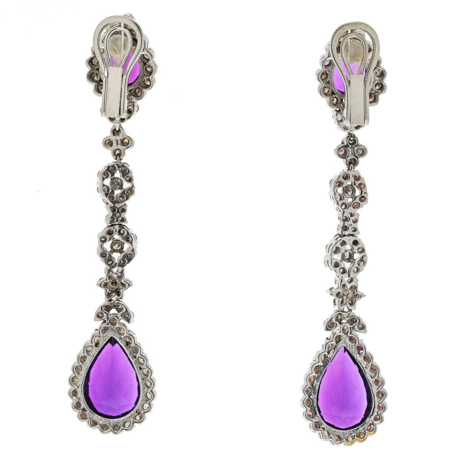 18K White Gold Amethyst And Diamond Drop Dangling Earrings