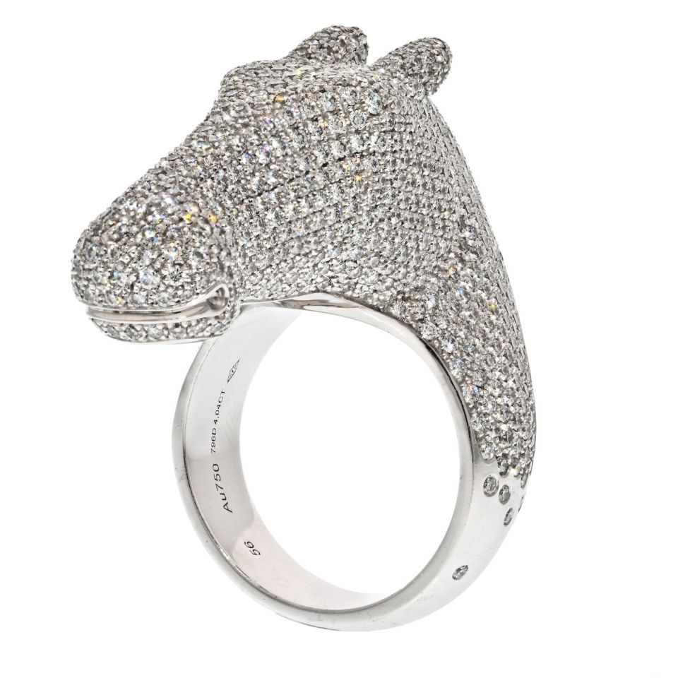 Hermes 18K White Gold 4 Carat Diamond Galop Horse Ring