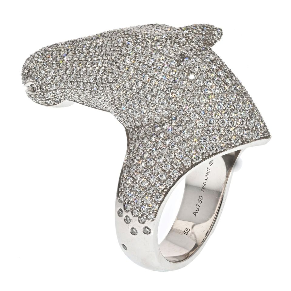 Hermes 18K White Gold 4 Carat Diamond Galop Horse Ring